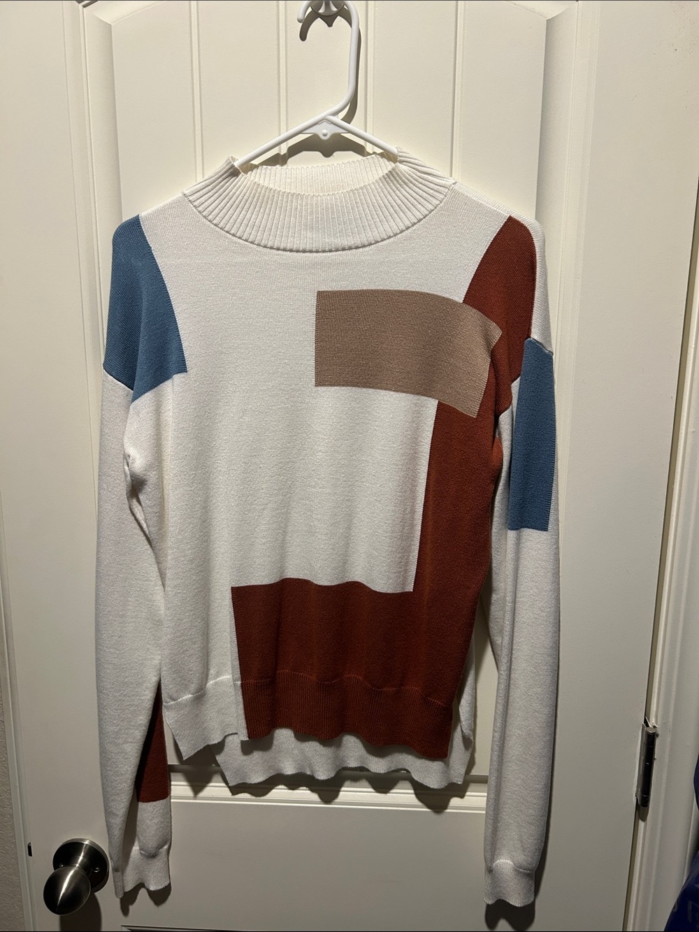 Roolee Colorblock Mock-Neck Sweater - White with Rust, Tan & Blue
